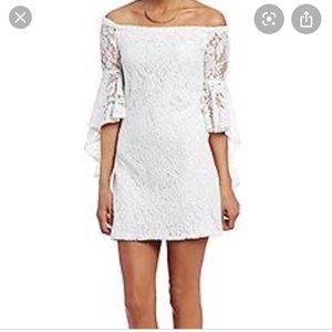 Wayf White Lace Off-Shoulder Mini Dress